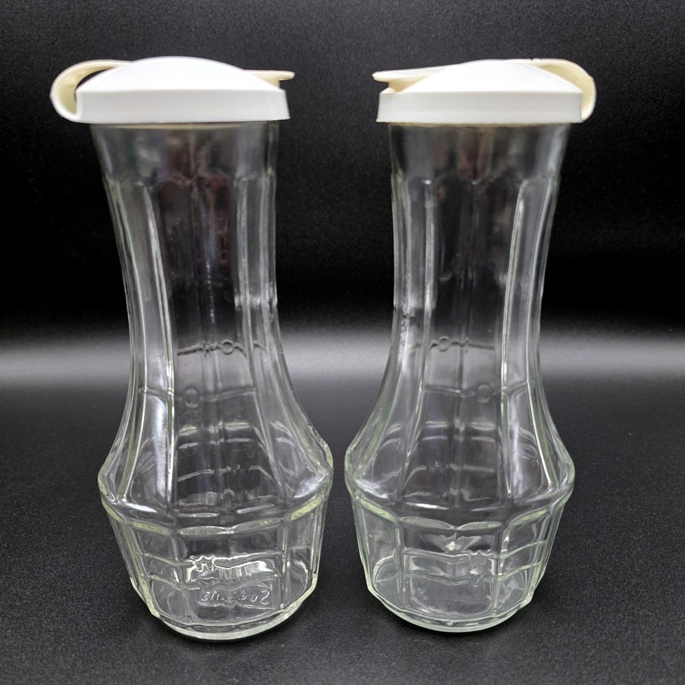 Vintage Good Seasons Glass Salad Dressing Cruet Set of 2 White Flip Top Lids - Picture 2 of 16